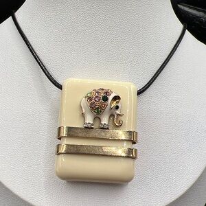 Vintage Cream Lucite Rhinestone Elephant Pendant Necklace